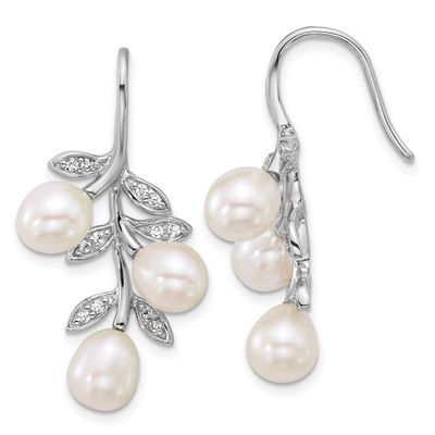 7-8mm White Rice Freshwater Cultured Pearl and CZ Leaf Shepherd Hook Earrings Sterling Silver Rhodi