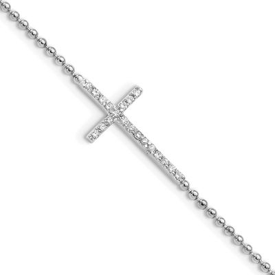 Cheryl M Polished and Beaded CZ Cross 9.5 Inch with 1 Inch Extension Anklet Sterling Silver Rhodium