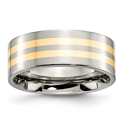 14k Yellow Inlay 8mm Flat Band Titanium Polished, TB226-12, 883957800165
