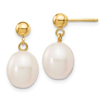 8-9mm White Rice Freshwater Cultured Pearl Dangle Post Earrings 10k Gold, 10XF250E,