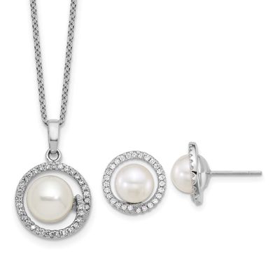 7-9mm White Button Freshwater Cultured Pearl and CZ 17 inch Necklace and Post Earrings Set Sterling