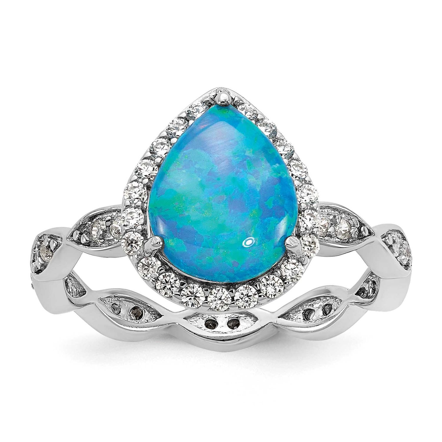 Cheryl M Polished Blue Lab Created Opal and CZ Teardrop Halo Ring Sterling Silver Rhodium-plated, Q