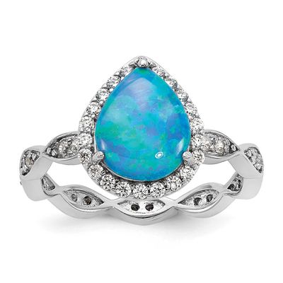 Cheryl M Polished Blue Lab Created Opal and CZ Teardrop Halo Ring Sterling Silver Rhodium-plated, Q