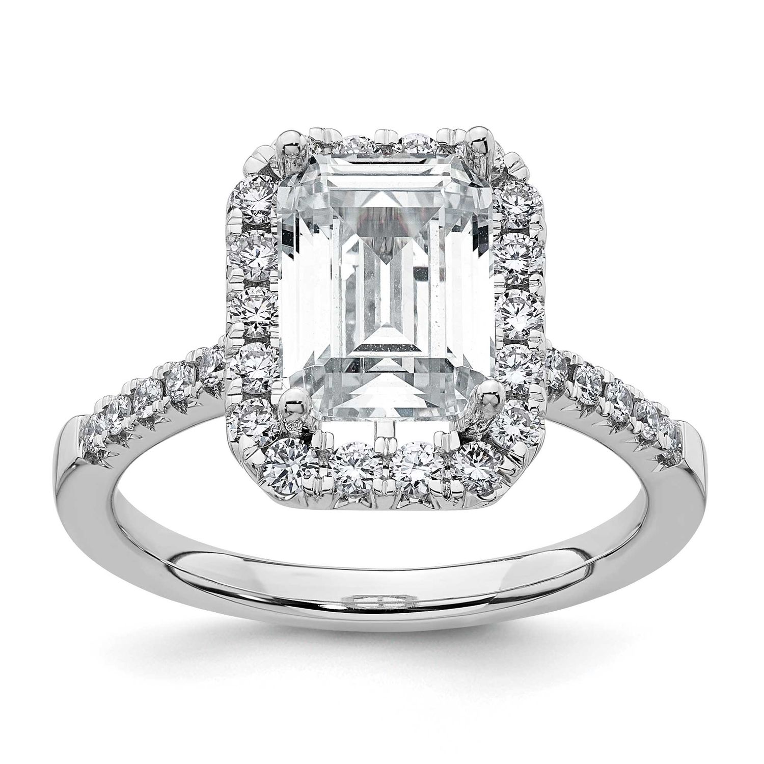Lab Grown VS/SI FGH Diamond Emerald Halo Semi-mount Engagement Ring 14k White Gold, RM2062E-200-7WL