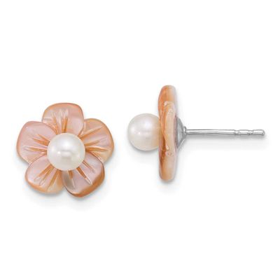 3-4mm White Round Freshwater Cultured Pearl and Pink Mother of Pearl Flower Post Earrings Sterling
