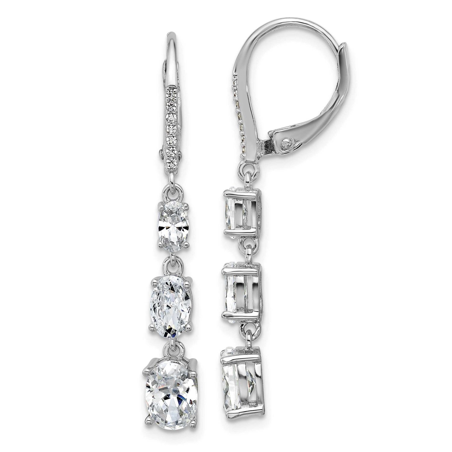 Cheryl M Polished Triple Oval CZ Leverback Dangle Earrings Sterling Silver Rhodium-plated, QCM1800,