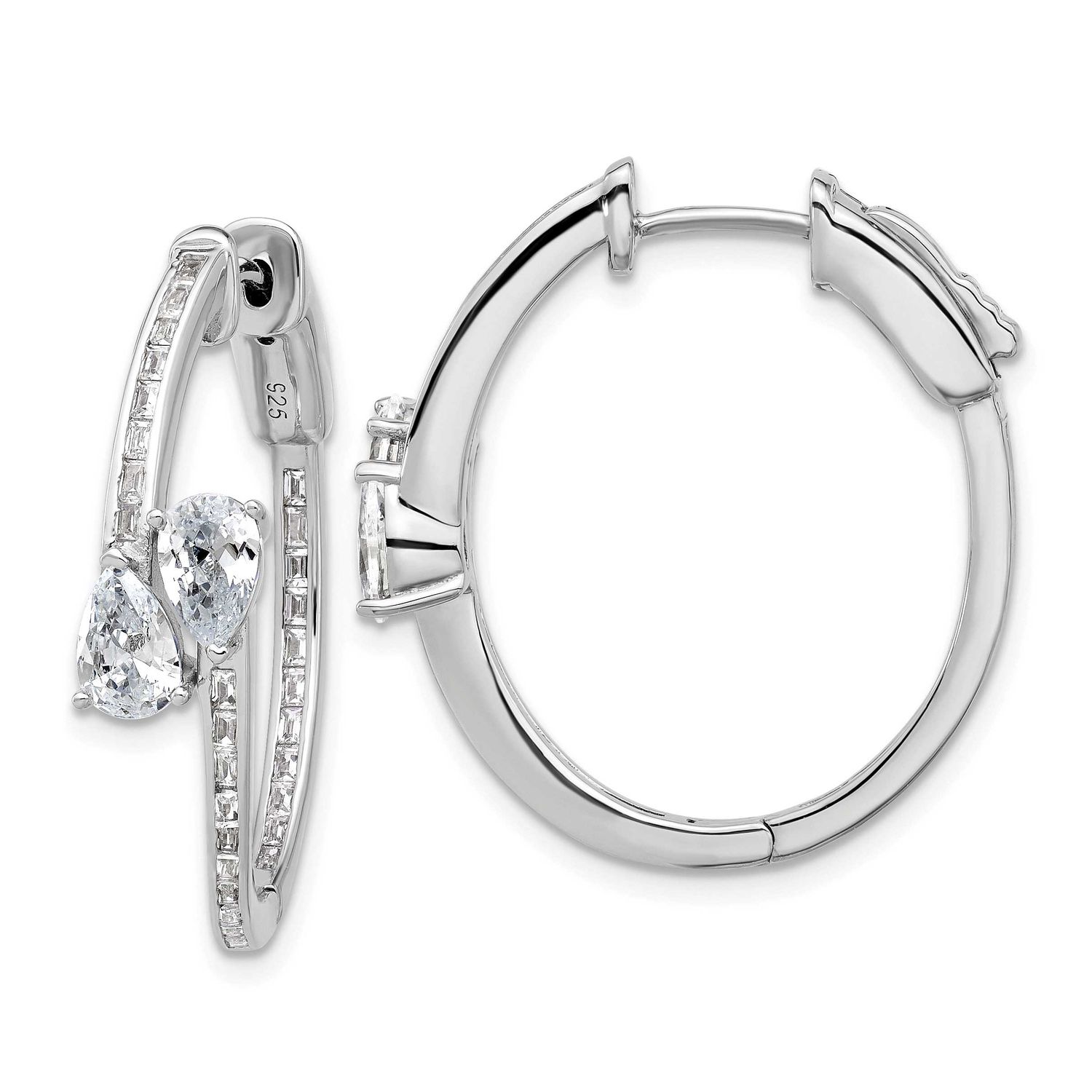 CZ 62 Stone In and Out Hinged Hoop Earrings Sterling Silver Rhodium-plated, QSH189, 196904346662
