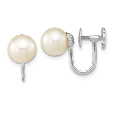 7-8mm White Round Freshwater Cultured Pearl Non Pierced Earrings 14k White Gold, XFW801E,