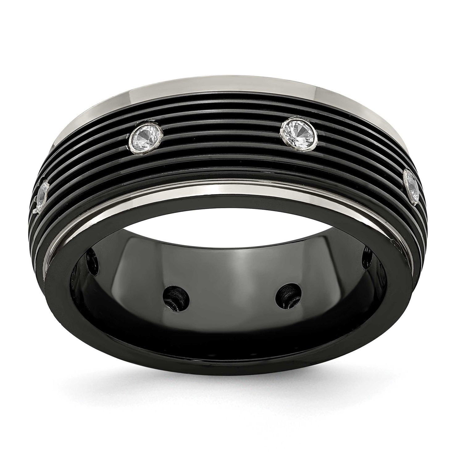 Edward Mirell &amp; Black Ti With White Sapphires Grooved Ring Titanium, EMR291-13, 191101331909