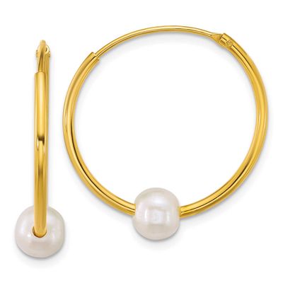 6-7mm White Semi-Round Freshwater Cultured Pearl Hoop Earrings Sterling Silver Gold-plated, QE18175
