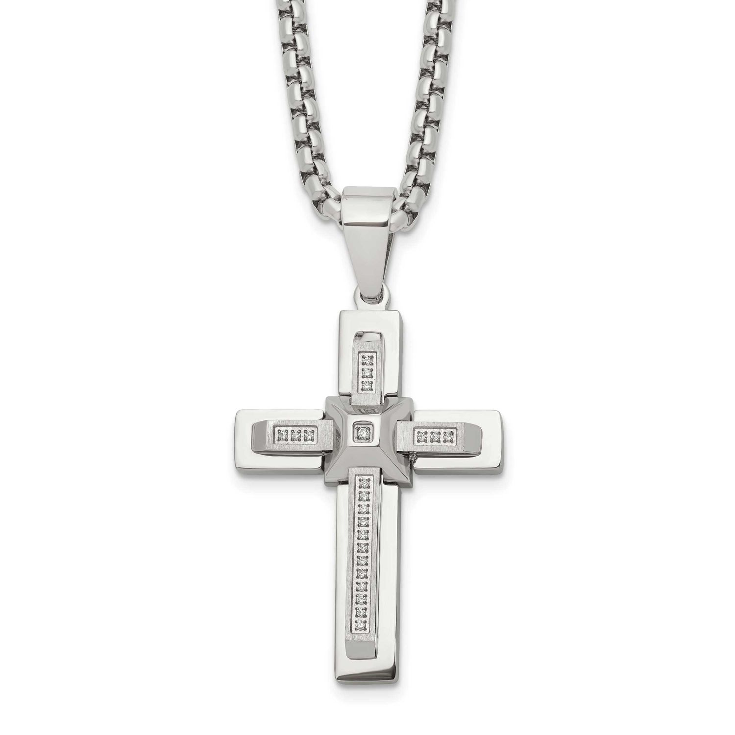 CZ Cross Pendant on a 22 inch Box Chain Necklace Stainless Steel Polished, SRN3123-22, 196904306130