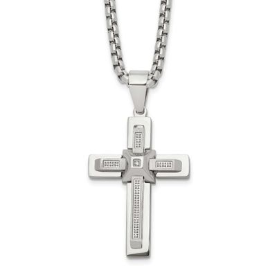 CZ Cross Pendant on a 22 inch Box Chain Necklace Stainless Steel Polished, SRN3123-22, 196904306130