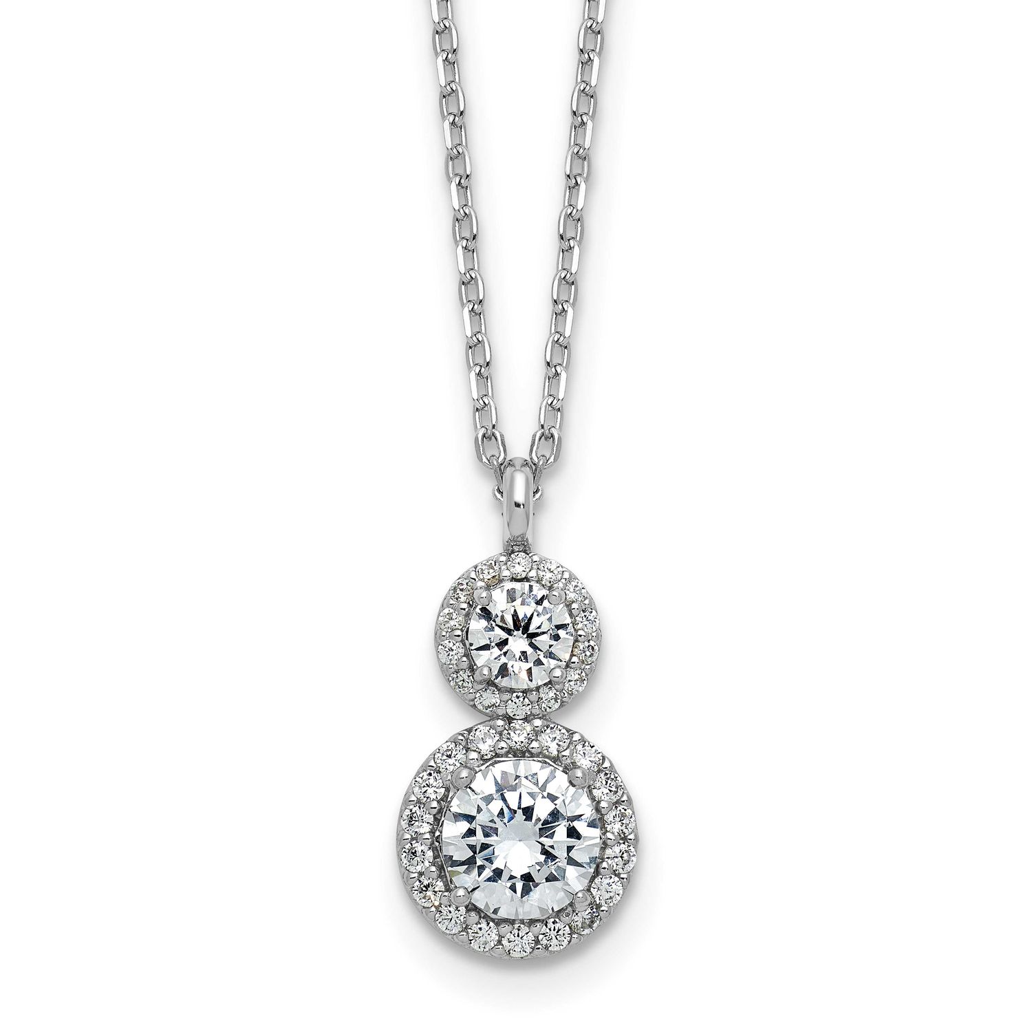 Cheryl M Polished Double Round CZ Halo with 2 Inch Extension Necklace Sterling Silver Rhodium-plate