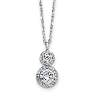 Cheryl M Polished Double Round CZ Halo with 2 Inch Extension Necklace Sterling Silver Rhodium-plate