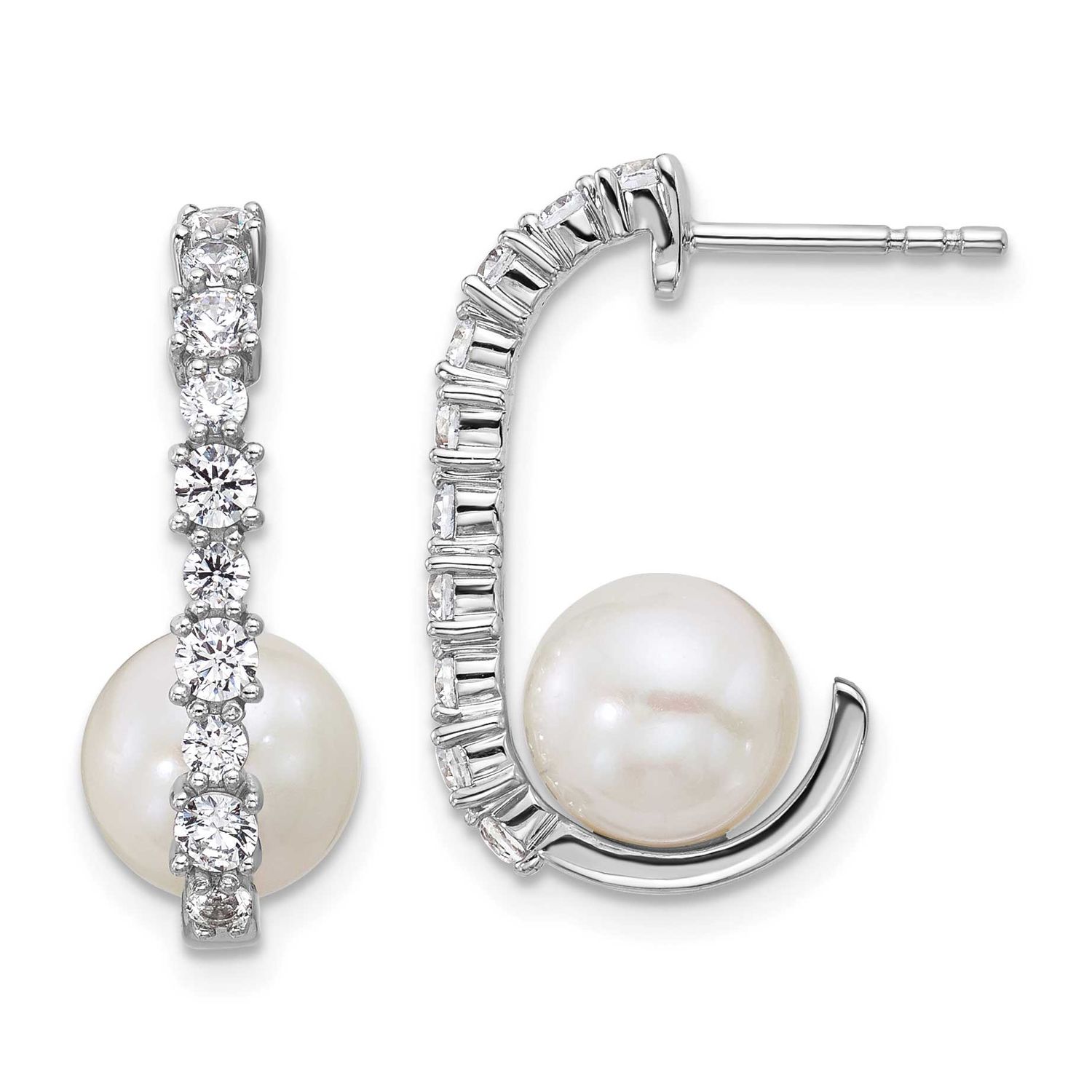 CZ FWC Pearl J-Hoop Post Earrings Sterling Silver Rhodium-plated, QE18160,