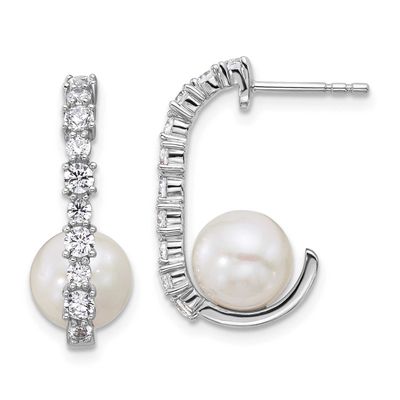 CZ FWC Pearl J-Hoop Post Earrings Sterling Silver Rhodium-plated, QE18160,
