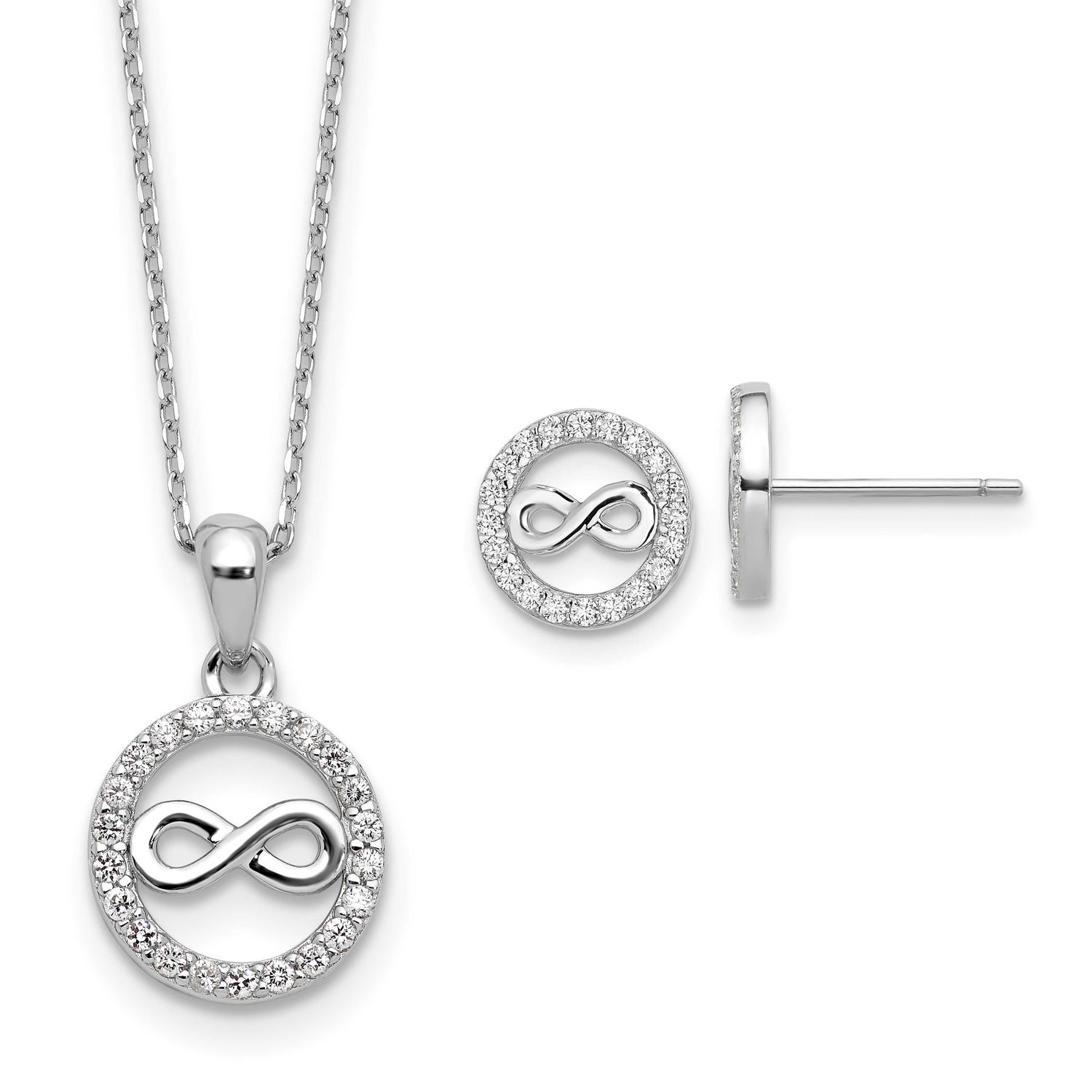 Cheryl M Polished CZ Infinity Necklace and Post Earrings Set Sterling Silver Rhodium-plated, QCM179