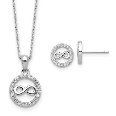 Cheryl M Polished CZ Infinity Necklace and Post Earrings Set Sterling Silver Rhodium-plated, QCM179