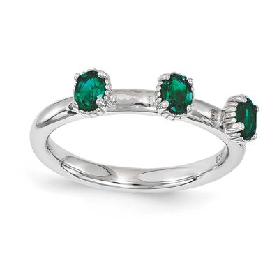 Created Emerald Three Stone Ring Sterling Silver, QSK1577-8, 886774212739