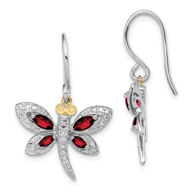 Sterling Silver/RH-plated Garnet/Diamond Dragonfly Earrings 14k Gold, QE17797,