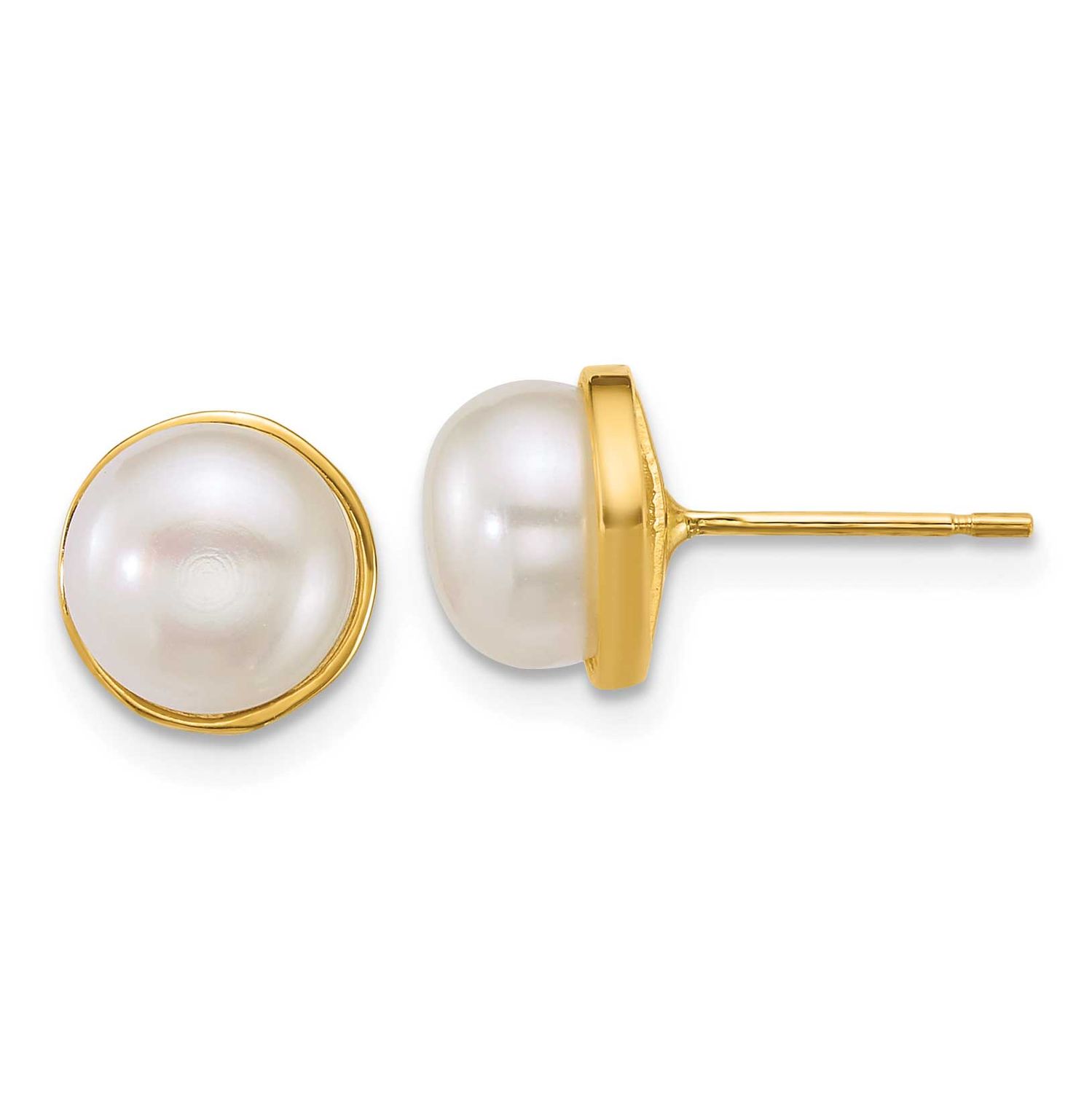 7-8mm White Button Freshwater Cultured Pearl Post Earrings 14k Gold Polished, XF902E,