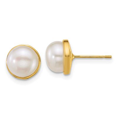 7-8mm White Button Freshwater Cultured Pearl Post Earrings 14k Gold Polished, XF902E,