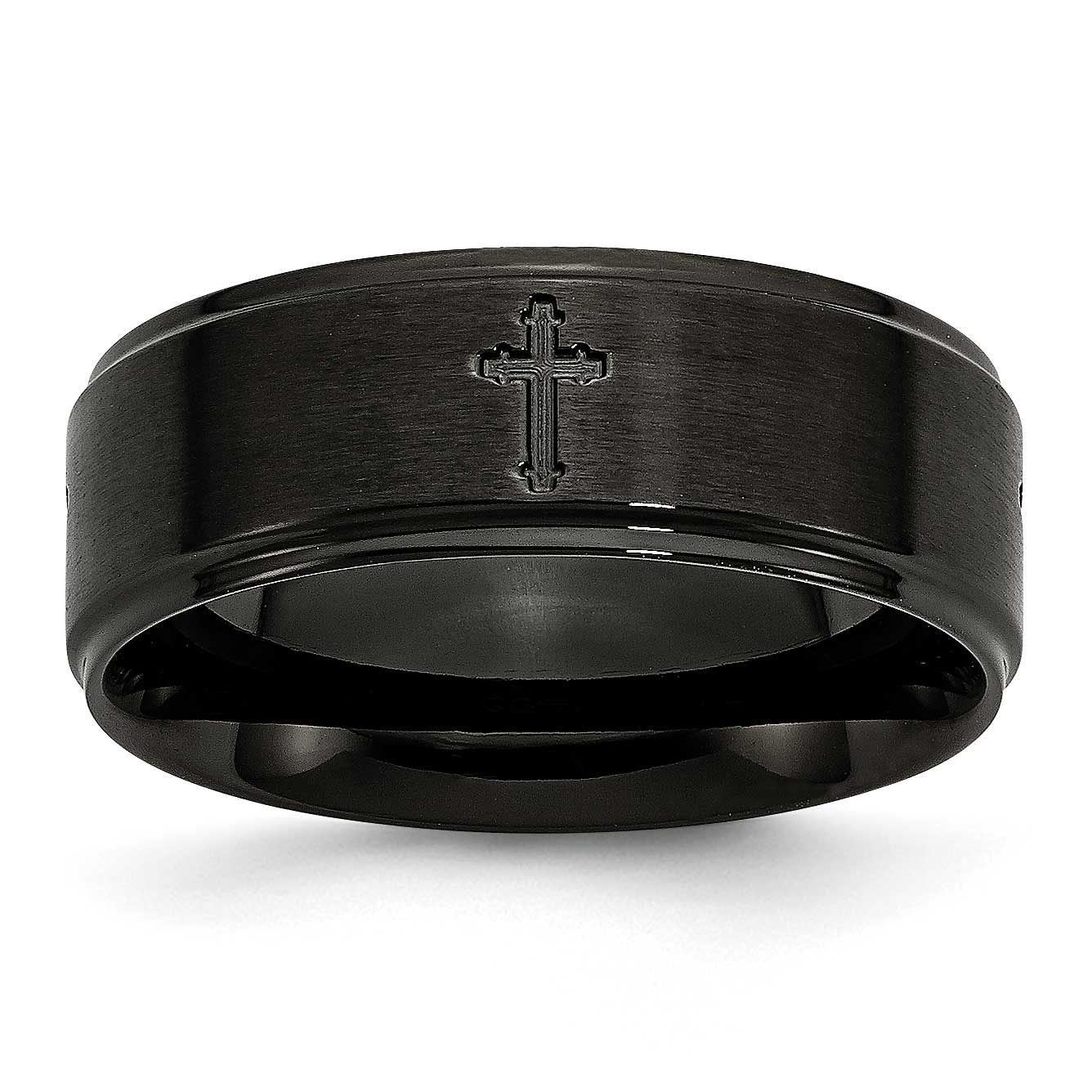 Stainless Steel Brushed Polished Black IP-plated Cross 8mm Band Stainless Steel Brushed, SR335-7.5,