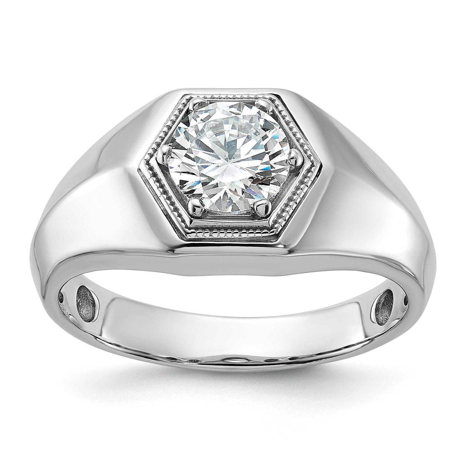 IBGoodman Men&#39;s Polished Beaded Complete Lab Grown VS/SI FGH Diamond Hex Ring 14k White Gold, B5939