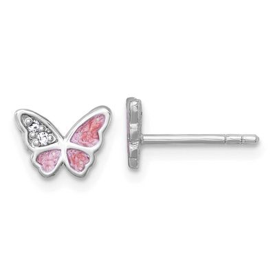 CZ Enamel Pink Butterfly Post Earrings Sterling Silver Rhodium-plated, QG7235E,