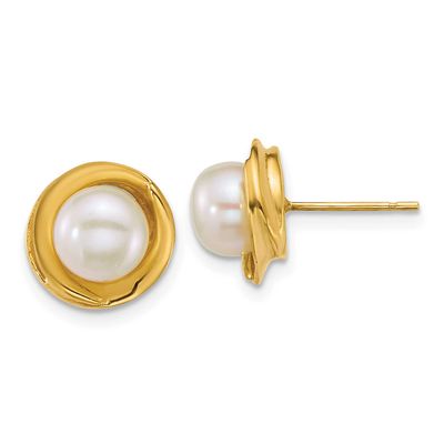6-7mm White Button Freshwater Cultured Pearl Post Earrings 14k Gold Polished, XF900E,