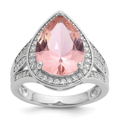Cheryl M Polished Pink Nano Crystal and CZ Teardrop Halo Ring Sterling Silver Rhodium-plated, QCM17