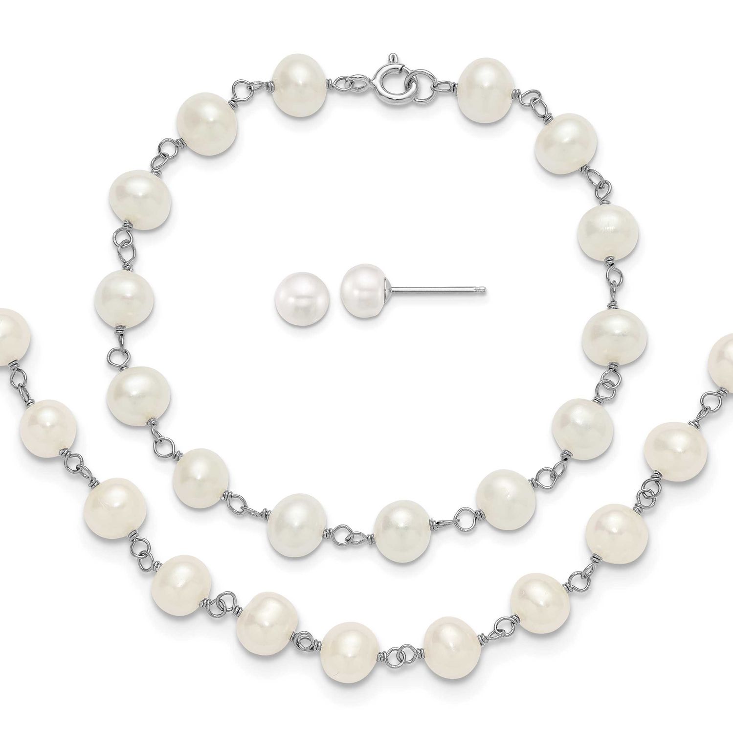 6-7mm White Semi-Round Freshwater Cultured Pearl 18 inch Necklace, 7 inch Bracelet and Button Post
