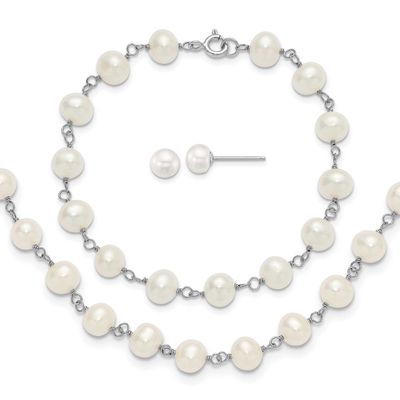 6-7mm White Semi-Round Freshwater Cultured Pearl 18 inch Necklace, 7 inch Bracelet and Button Post