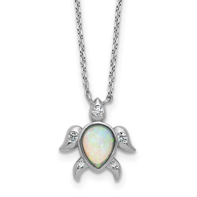 Cheryl M Polished Lab Created Opal and CZ Turtle Necklace Sterling Silver Rhodium-plated, QCM1770-1