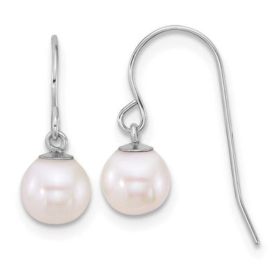 6-7mm White Round Freshwater Culture Pearl Dangle Shepherd Hook Earrings 10k White Gold, 10XFW925E,