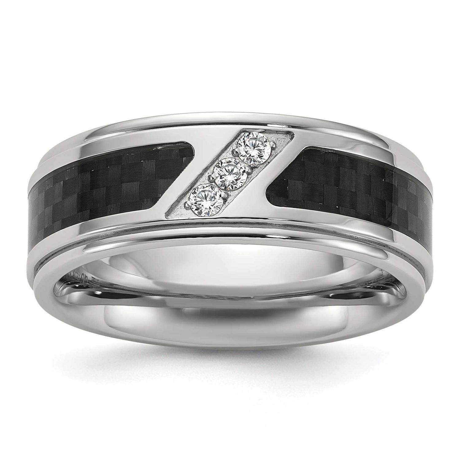 Black Carbon Fiber Inlay and CZ 8mm Band Stainless Steel Polished, SR699-9.5, 196904257784