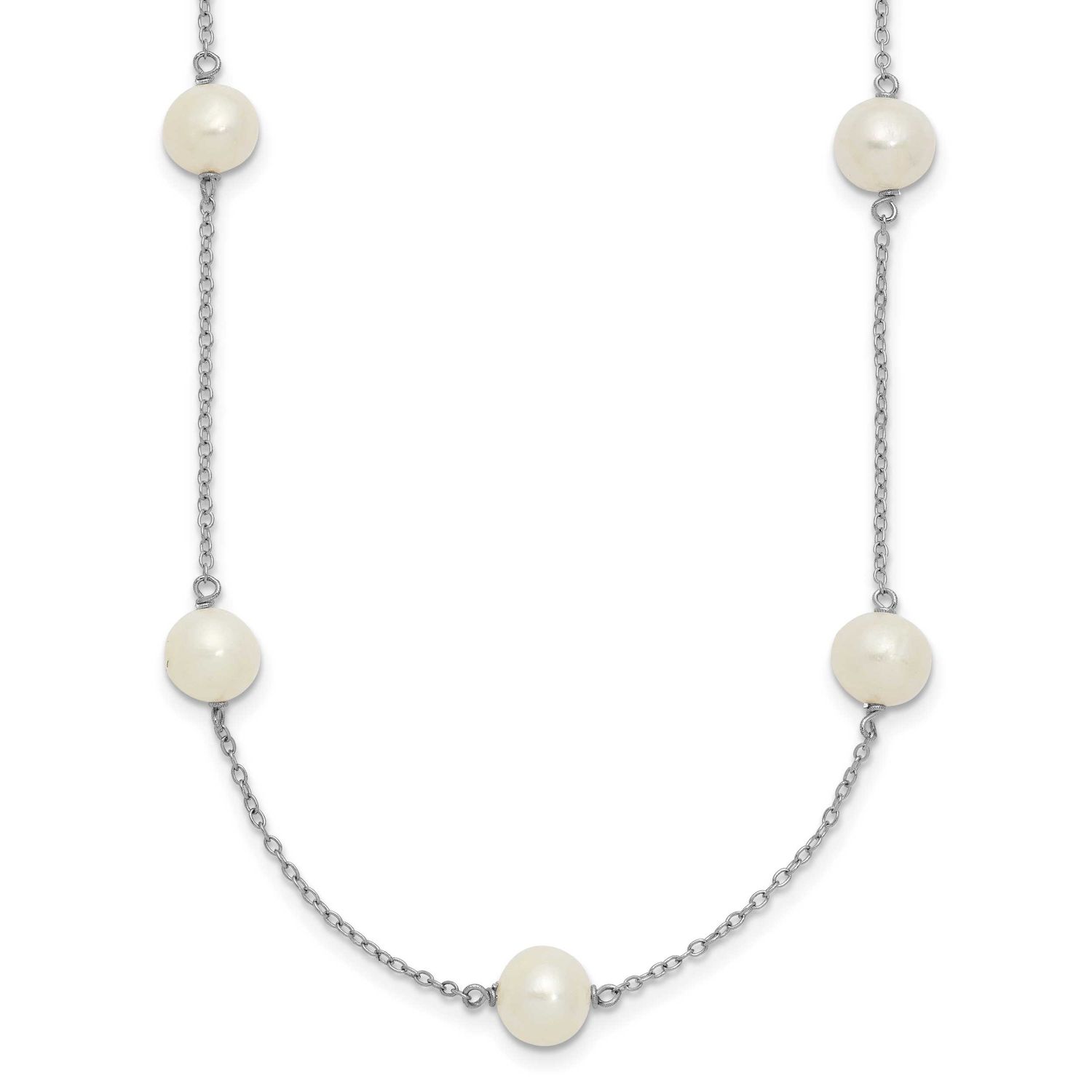 7-8mm White Near Round Freshwater Cultured Pearl 9-station 20 inch Necklace Sterling Silver Rhodium