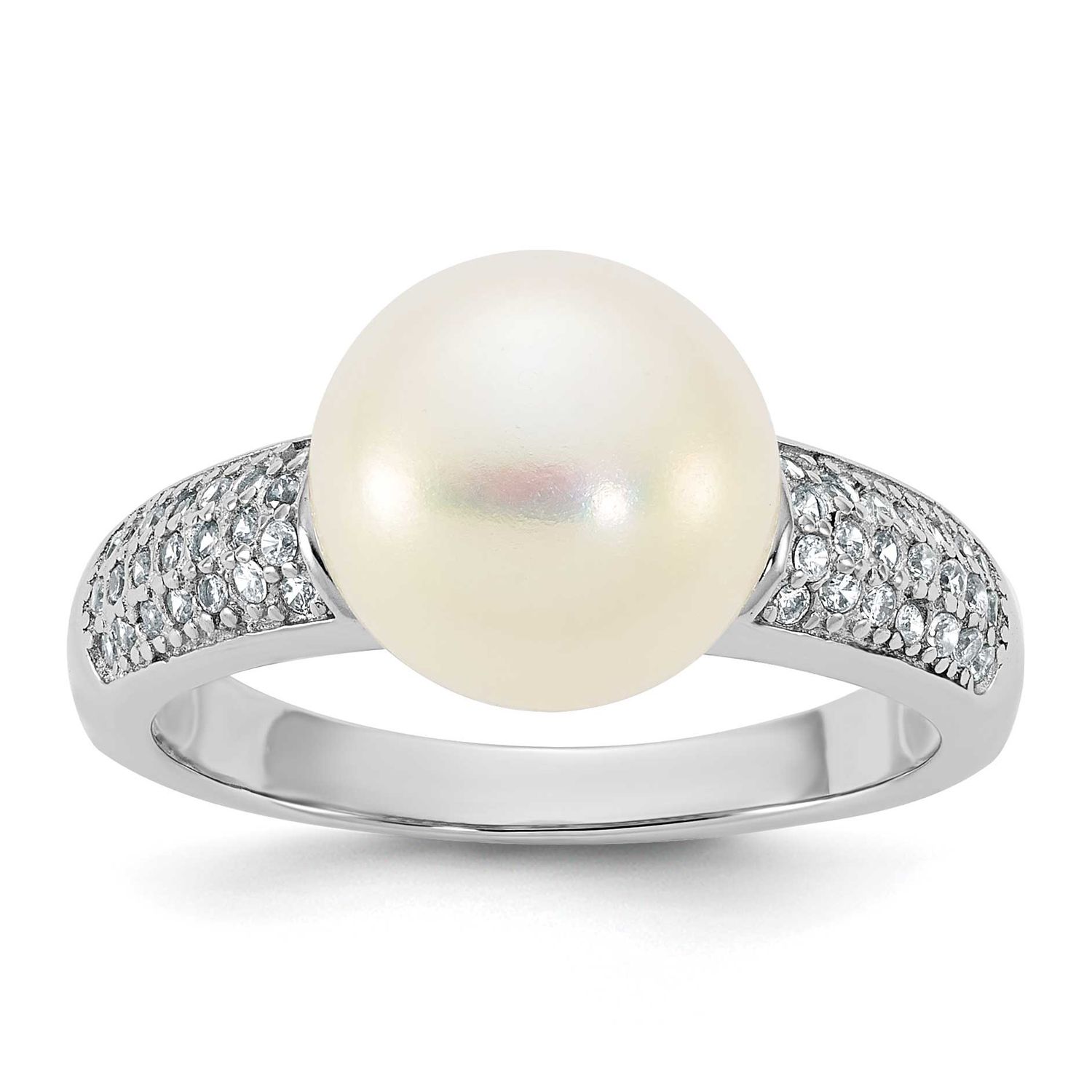 9-10mm White Button Freshwater Cultured Pearl and CZ Ring Sterling Silver Rhodium-plated, QR7751-7,