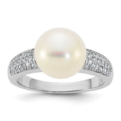 9-10mm White Button Freshwater Cultured Pearl and CZ Ring Sterling Silver Rhodium-plated, QR7751-7,