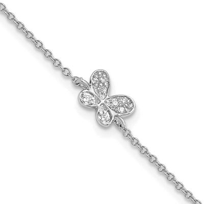 Cheryl M Polished CZ Butterfly 9.5 Inch with 1 Inch Extension Anklet Sterling Silver Rhodium-plated
