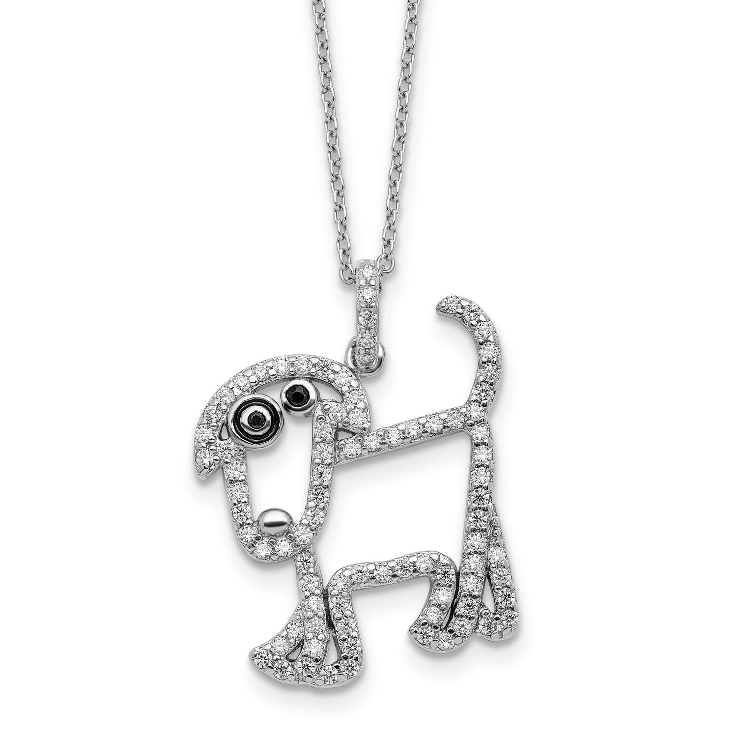 Cheryl M Polished and Enameled Black and White CZ Dog 16 Inch with 2 Inch Extension Necklace Sterli