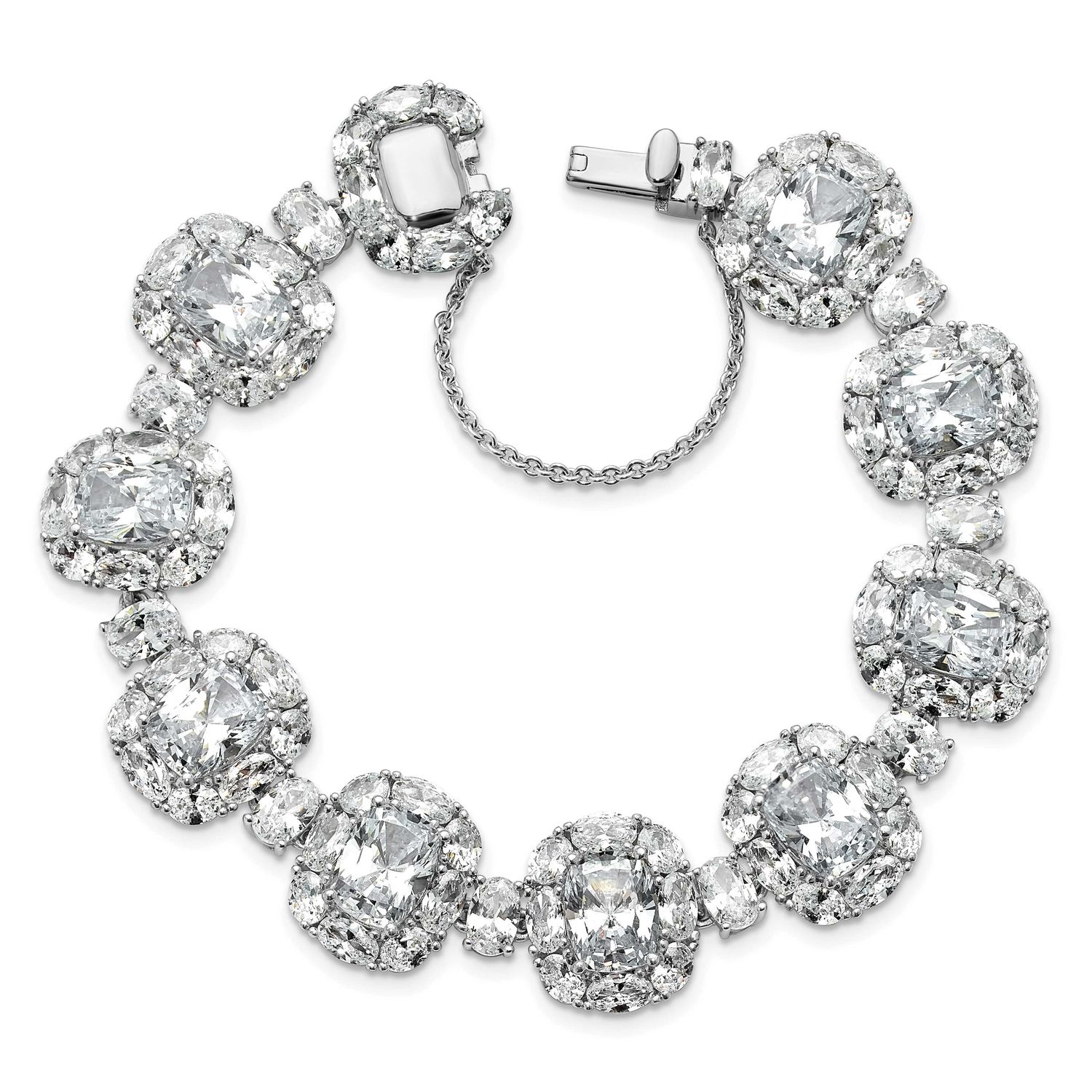 Cheryl M Polished Fancy Cushion-cut CZ Halo Cluster with Safety Chain Bracelet Sterling Silver Rhod