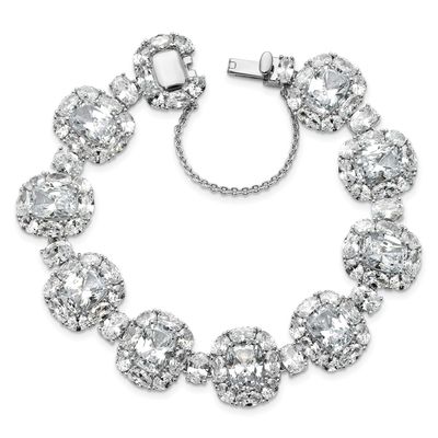 Cheryl M Polished Fancy Cushion-cut CZ Halo Cluster with Safety Chain Bracelet Sterling Silver Rhod
