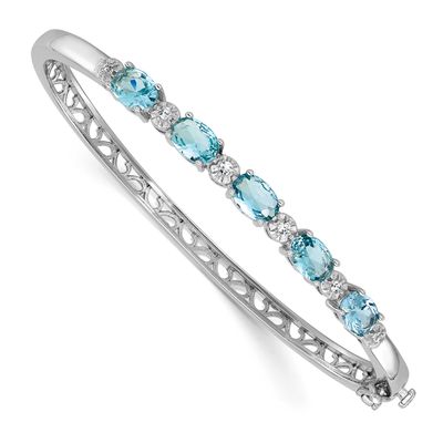 Cheryl M Polished Fancy Aqua Glass and CZ Hinged Bangle Sterling Silver Rhodium-plated, QCM1779,