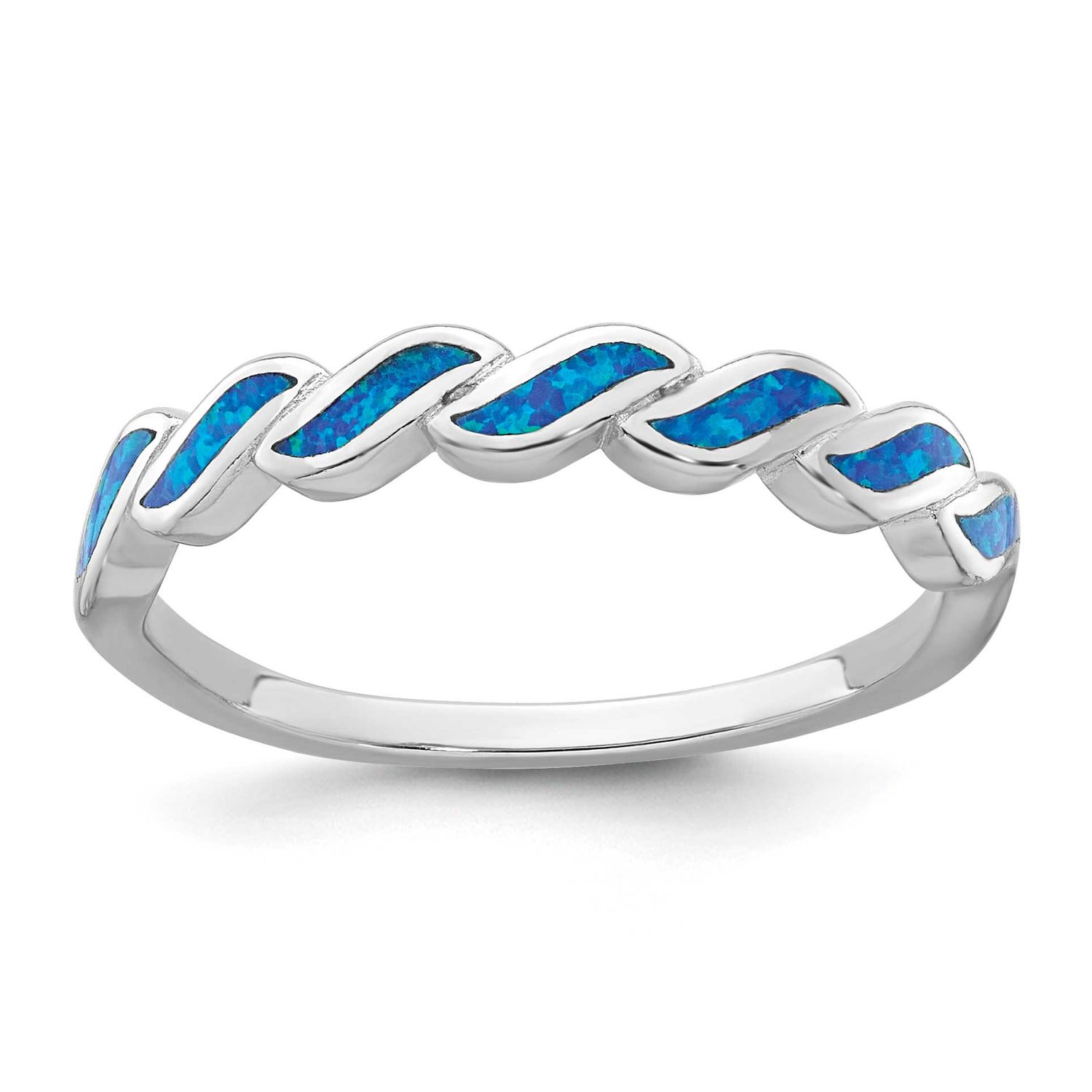 Polished Blue Created Opal Wave Ring Sterling Silver Rhodium-plated, QR7754-7,