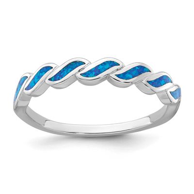 Polished Blue Created Opal Wave Ring Sterling Silver Rhodium-plated, QR7754-7,
