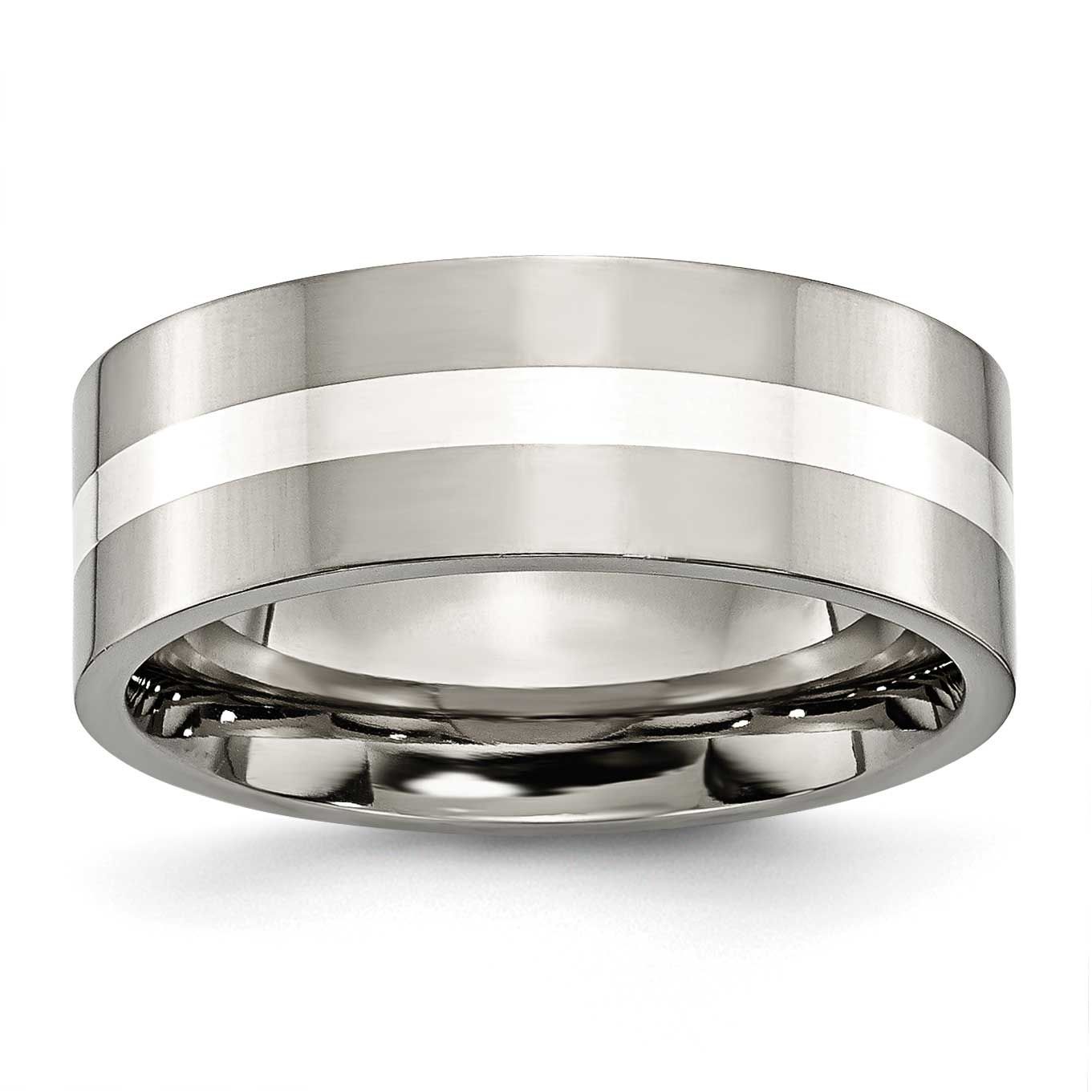 Sterling Silver Inlay 8mm Flat Band Titanium Polished, TB209-9.5, 883957796253