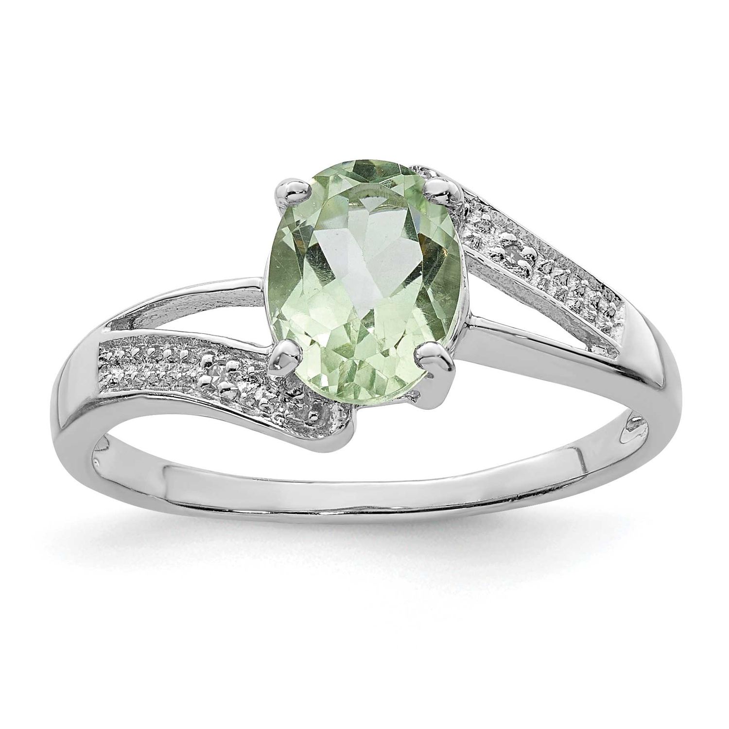 Green Quartz &amp; Diamond Ring Sterling Silver Rhodium-plated, QDX447-7, 883957459585