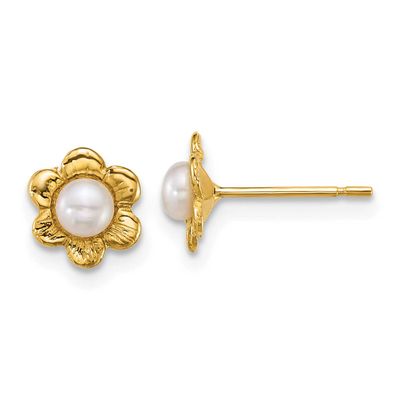 Madi K 3-4mm White Button Freshwater Cultured Pearl Flower Post Earrings 14k Gold, GK1215,