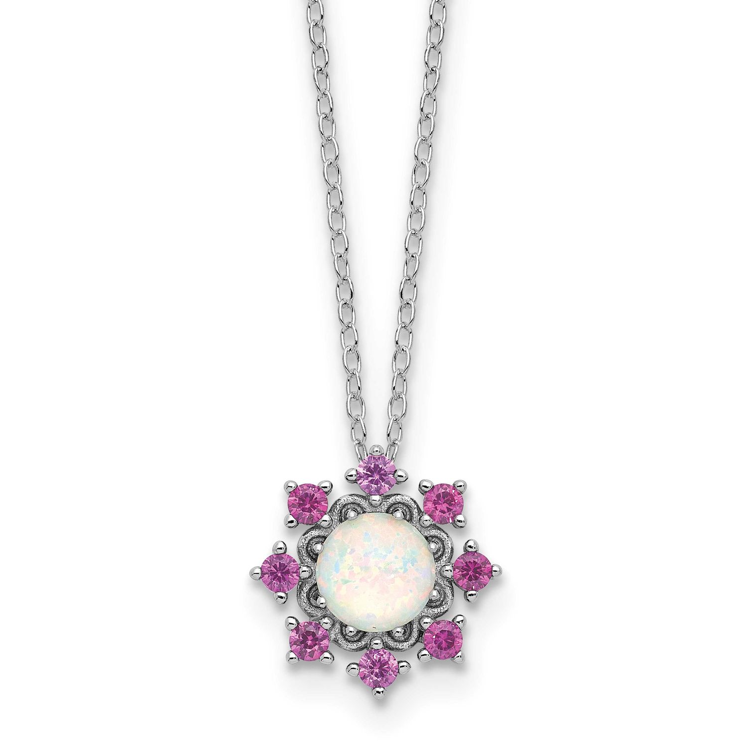 Cheryl M Polished Created Opal and Pink Crystal Flower Necklace Sterling Silver Rhodium-plated, QCM
